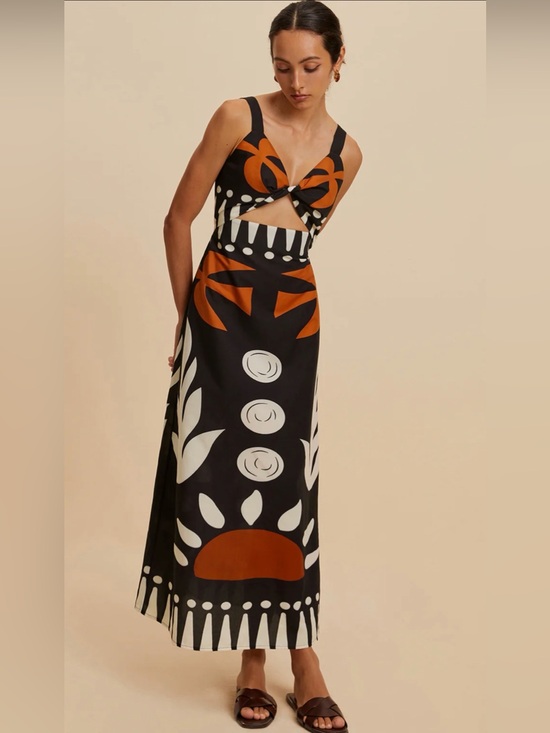 Commense Dresses & Skirts - Commense Black Maxi Dress with Bold Rust and Cream Graphic Print